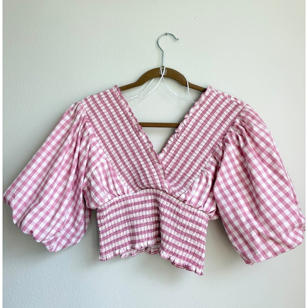 Abercrombie & Fitch Pink Gingham Smocked Puff Sleeve V-Neck Crop Top Small